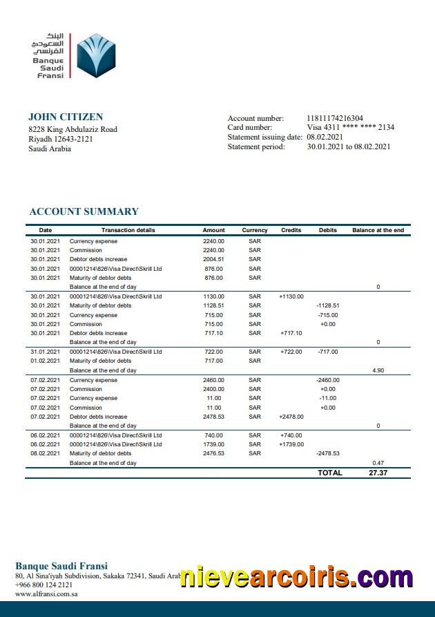 Saudi Arabia Banque Saudi Fransi bank statement in Word and PDF format, good for address prove